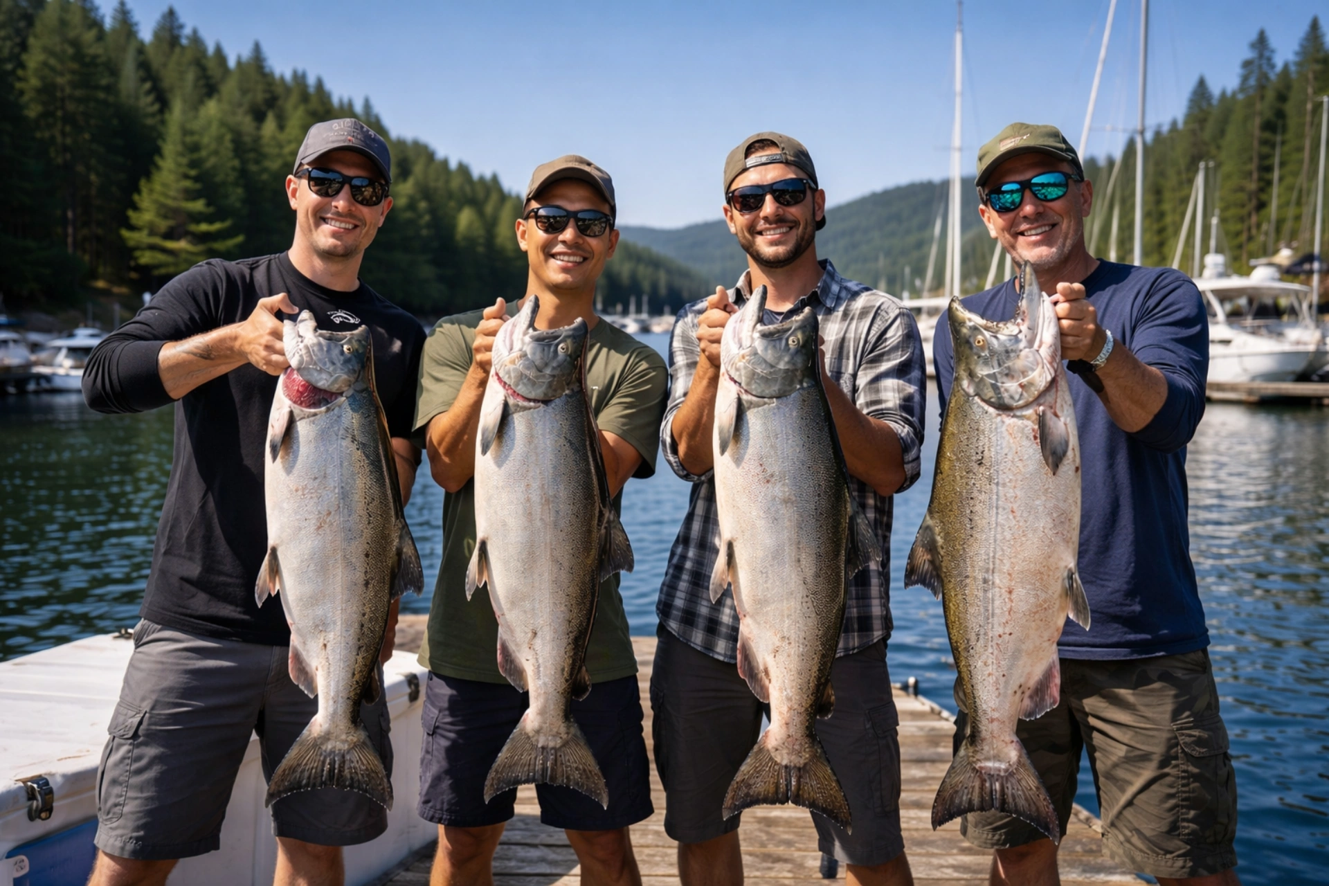 group of fishing friends holding up their catch